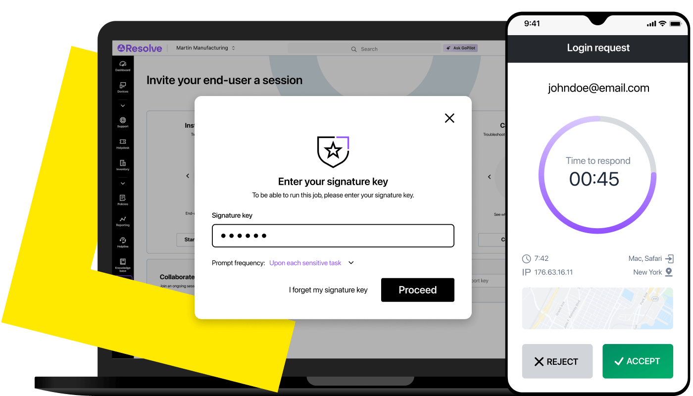 Secure remote access with signature key verification, login request approval, and multi-factor authentication for endpoint support.