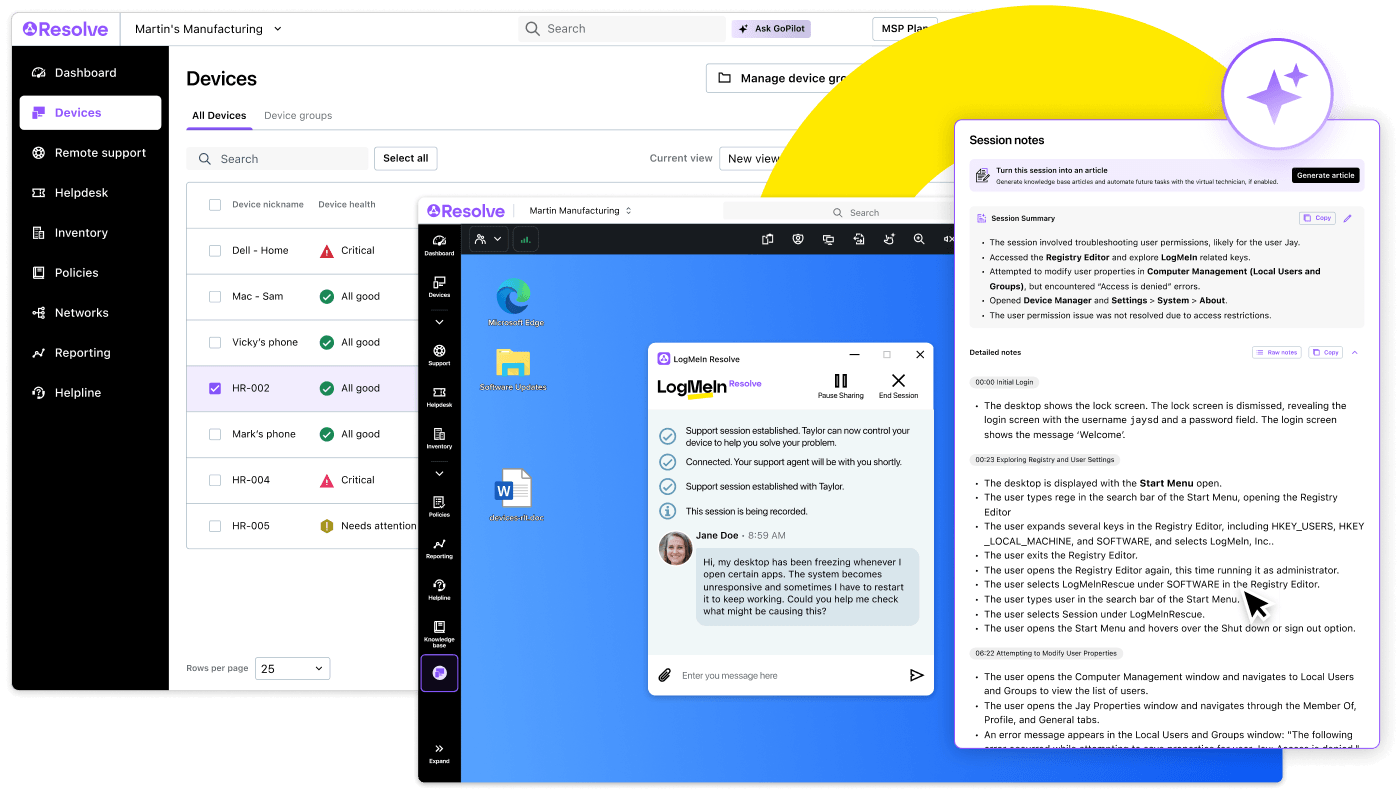 LogMeIn Resolve unified IT management platform combining RMM, remote support, helpdesk, MDM, backup, security, and AI tools in one solution