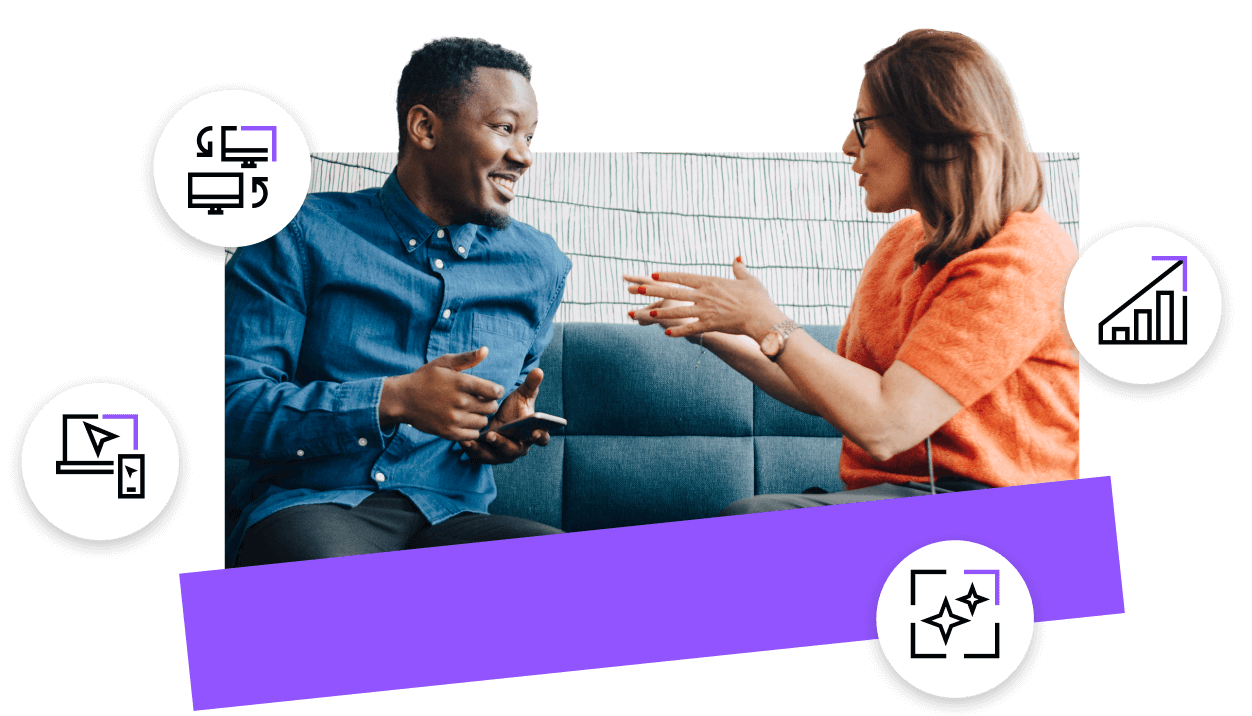 MSP representative listening to a client’s needs and adjusting service offerings, surrounded by icons representing technology, AI, and business growth.