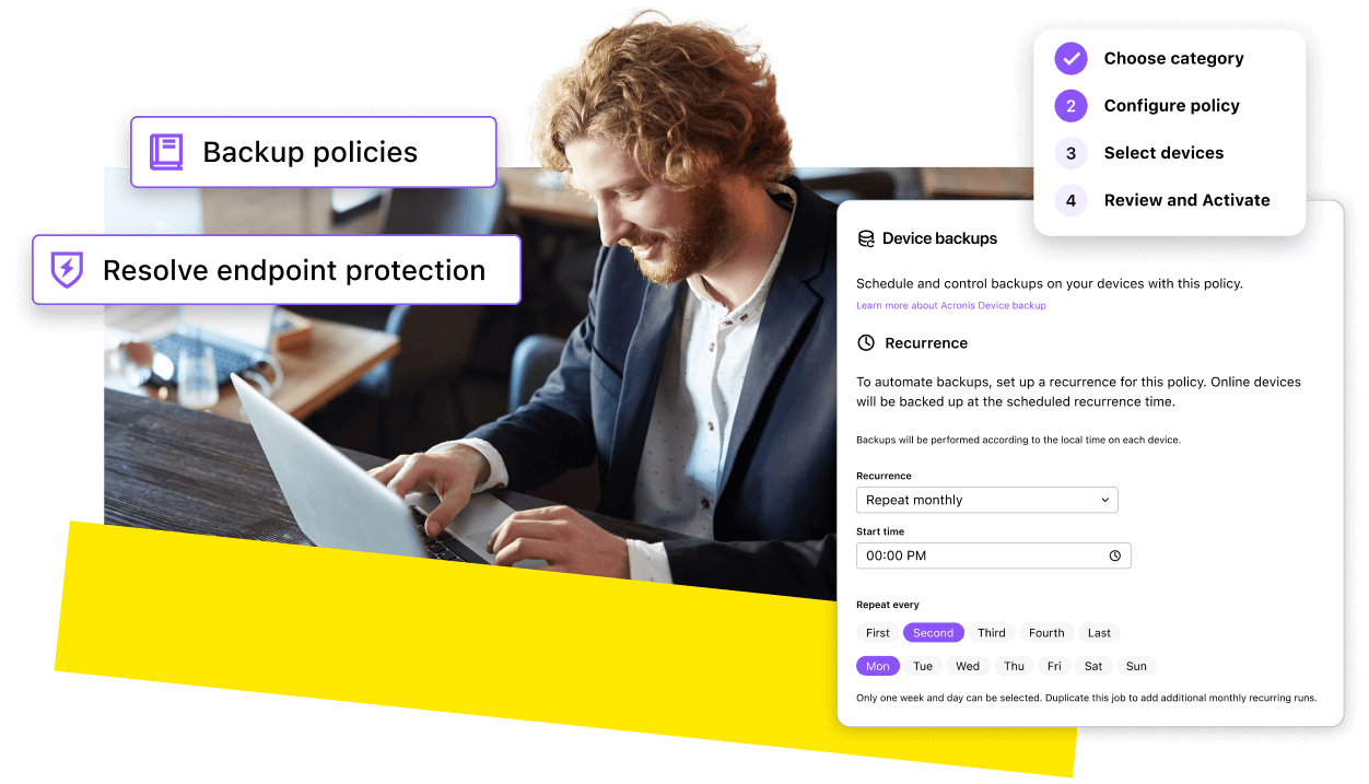 IT professional managing backup policies and endpoint protection on a laptop, with displayed steps to schedule device backups and automate data protection.