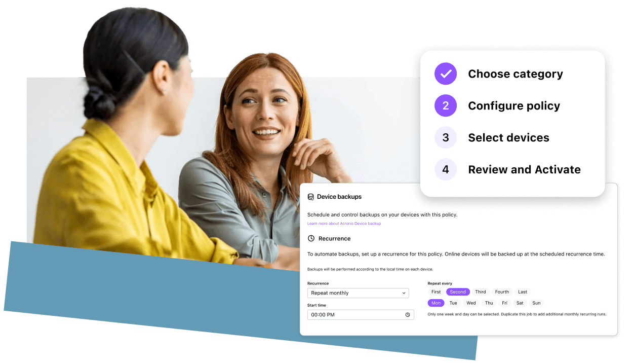MSP agent providing automated device backup policy solutions to ensure client business continuity and disaster recovery.