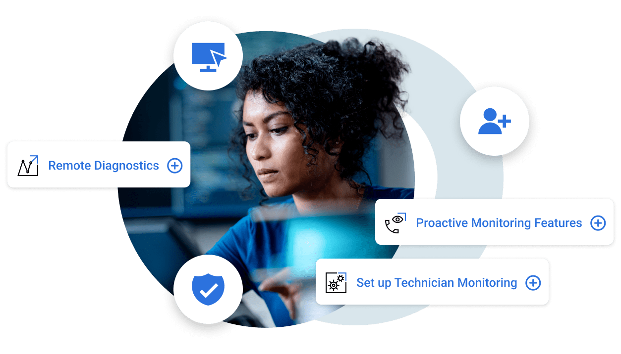 A professional working on a computer screen, highlighting Rescue's proactive monitoring, remote diagnostics, and technician collaboration tools to minimize downtime and optimize performance.
