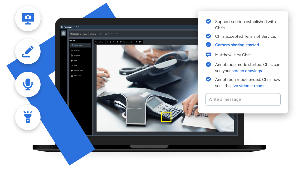 Laptop screen displaying a Rescue support session with active video streaming and annotation tools for remote technical assistance. Icons on the left represent features like video, screen sharing, and voice support. A chat panel shows session notes, highlighting seamless communication and compliance management.