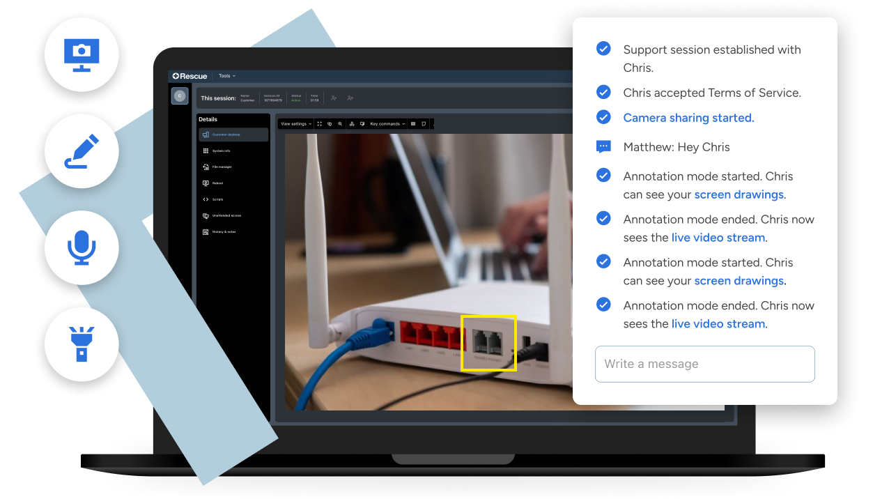 Laptop screen displaying a Rescue support session with active video streaming and annotation tools for remote technical assistance. Icons on the left represent features like video, screen sharing, and voice support. A chat panel shows session notes, highlighting seamless communication and compliance management.