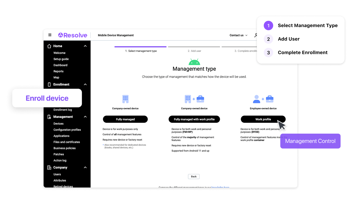 LogMeIn Resolve Mobile Device Management Software displaying how to manage and control devices with a centralized BYOD solution.