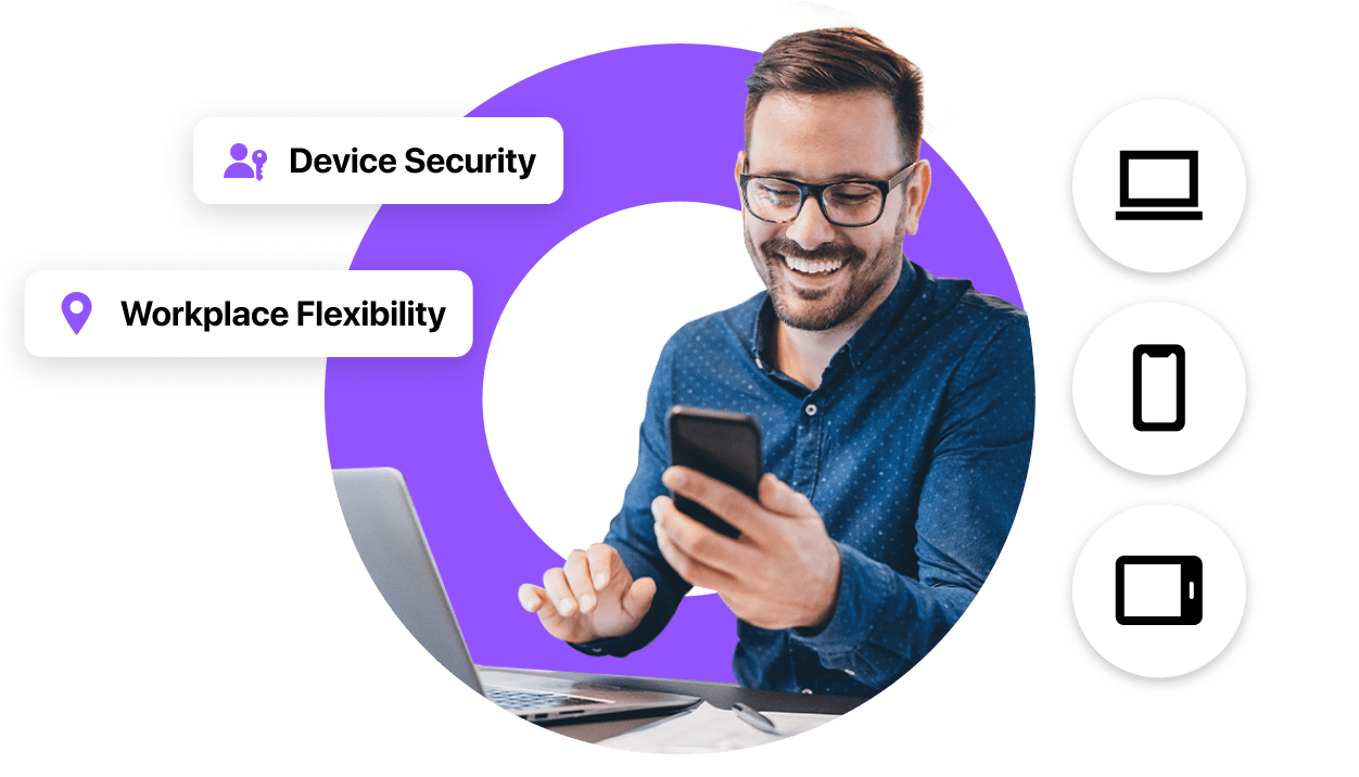 A worker uses a laptop and smartphone managed by LogMeIn Resolve MDM BYOD solution, featuring labels for "Device Security" and "Workplace Flexibility," with laptop, phone, and tablet icons displayed on the side.