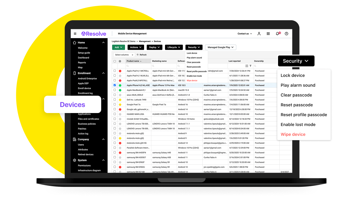 Desktop view of the LogMeIn Resolve MDM interface displaying device management and security options to protect business data on BYOD devices.