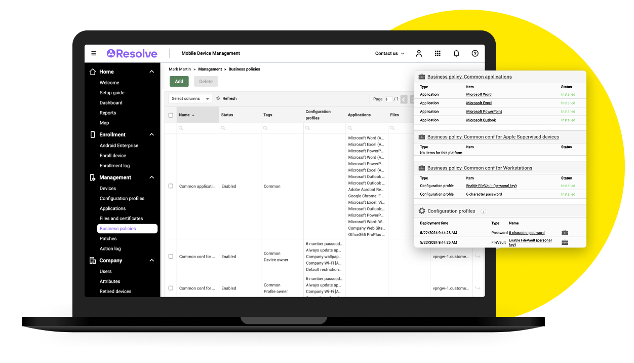 Desktop view of the LogMeIn Resolve MDM interface displaying business policies.