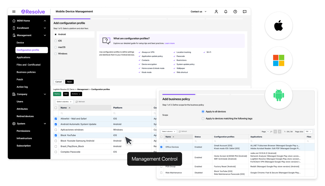 LogMeIn Resolve Mobile Device Management software displaying configuration profiles interface, business policy setup, and security options for supported platforms including Android, iOS, Windows, and macOS.