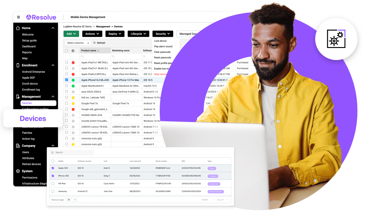 Desktop view of the LogMeIn Resolve MDM interface displaying device management and security options to protect business data on BYOD devices.