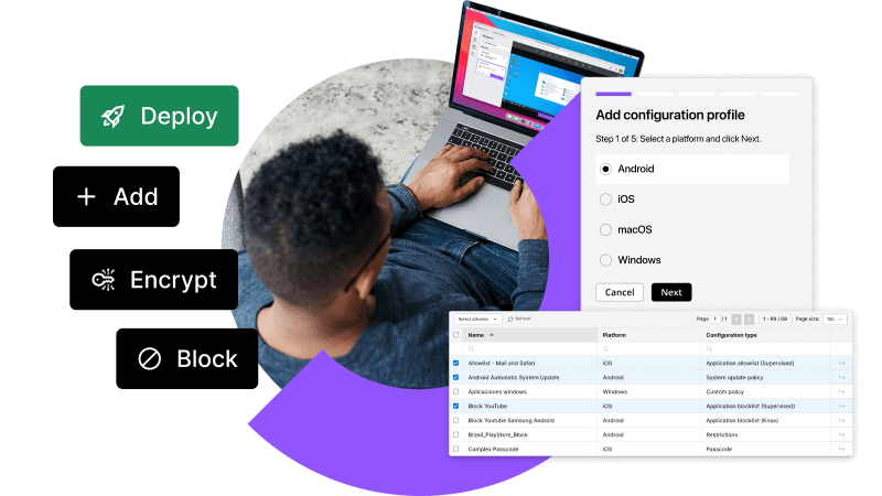 IT administrator configuring app and policy controls, including deploy, add, encrypt, and block actions.