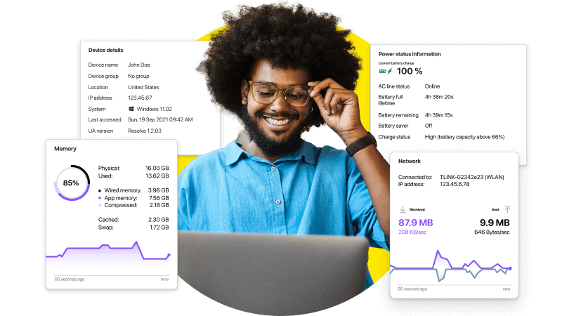 IT professional monitor and reviews device details, power status information, memory usage, and network analytics.