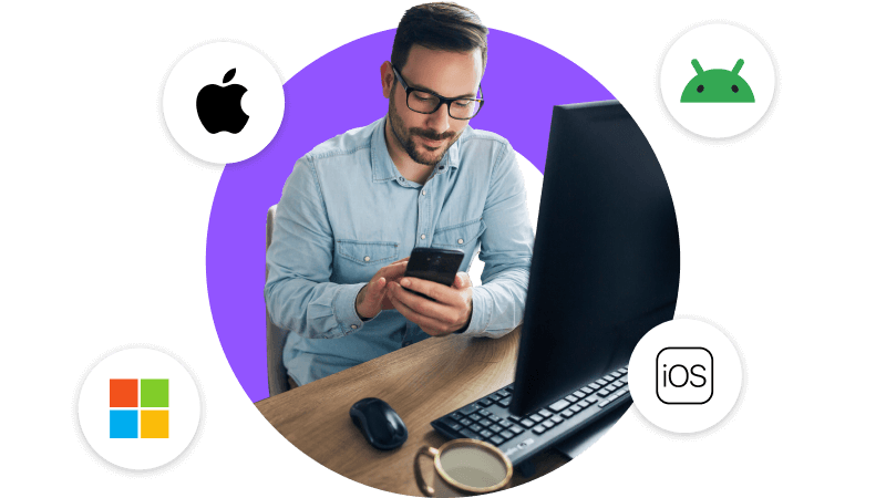 IT administrator manages multiple platform devices including iOS, Android, Microsoft, and macOS on desktop and mobile.