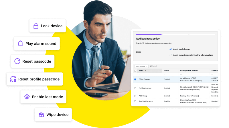 IT administrator managing endpoint security including lock device, play alarm sound, reset passcode, enable lost mode, and wipe device.