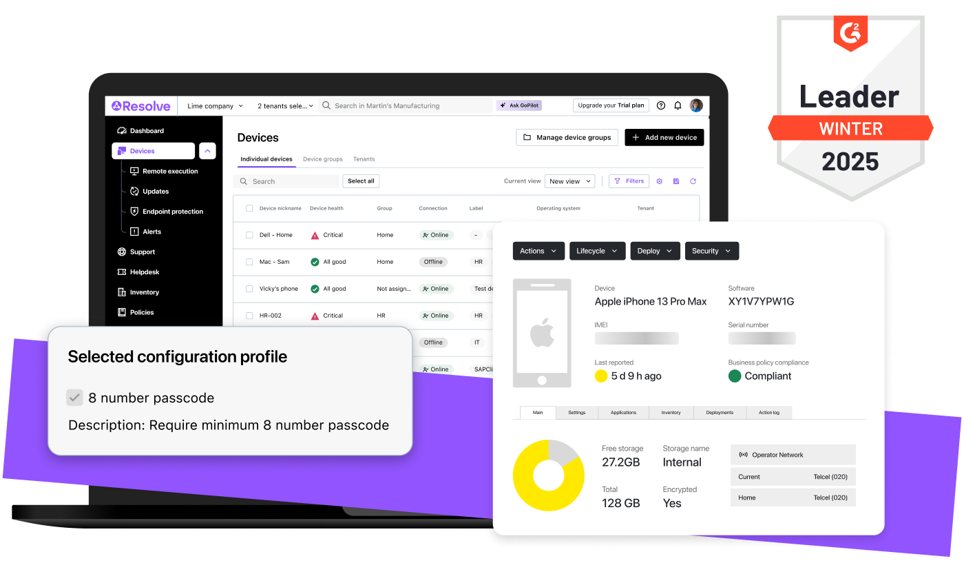 LogMeIn Resolve's MDM dashboard showcasing device management features, configuration profiles, device compliance details, and award recognition as the G2 Leader in Winter 2025.