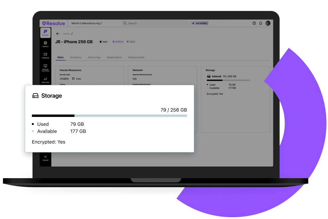 Screen view of LogMeIn Resolve’s “Devices” overview screen, showing device storage data.