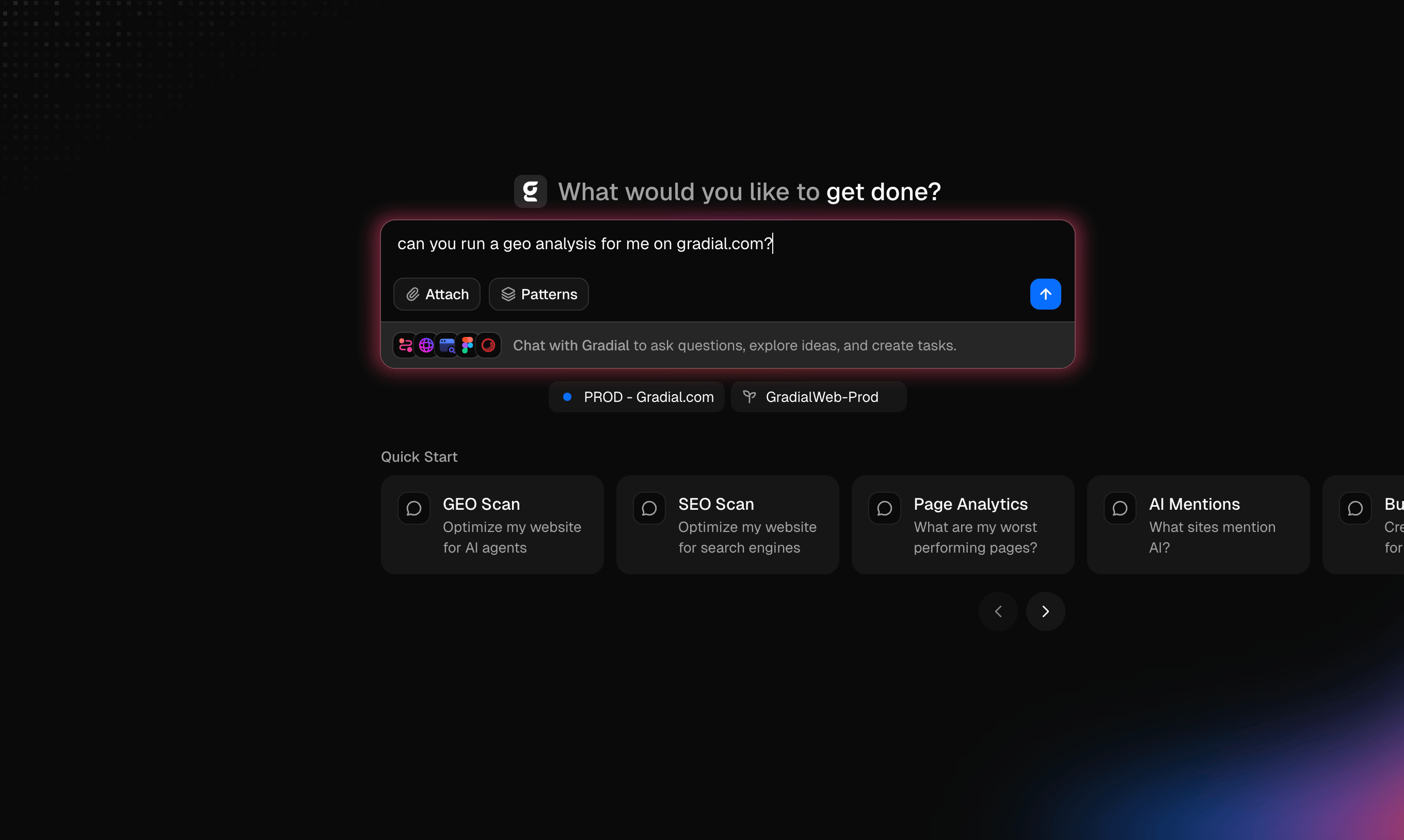 Screenshot of Gradial interface showing a GEO analysis request