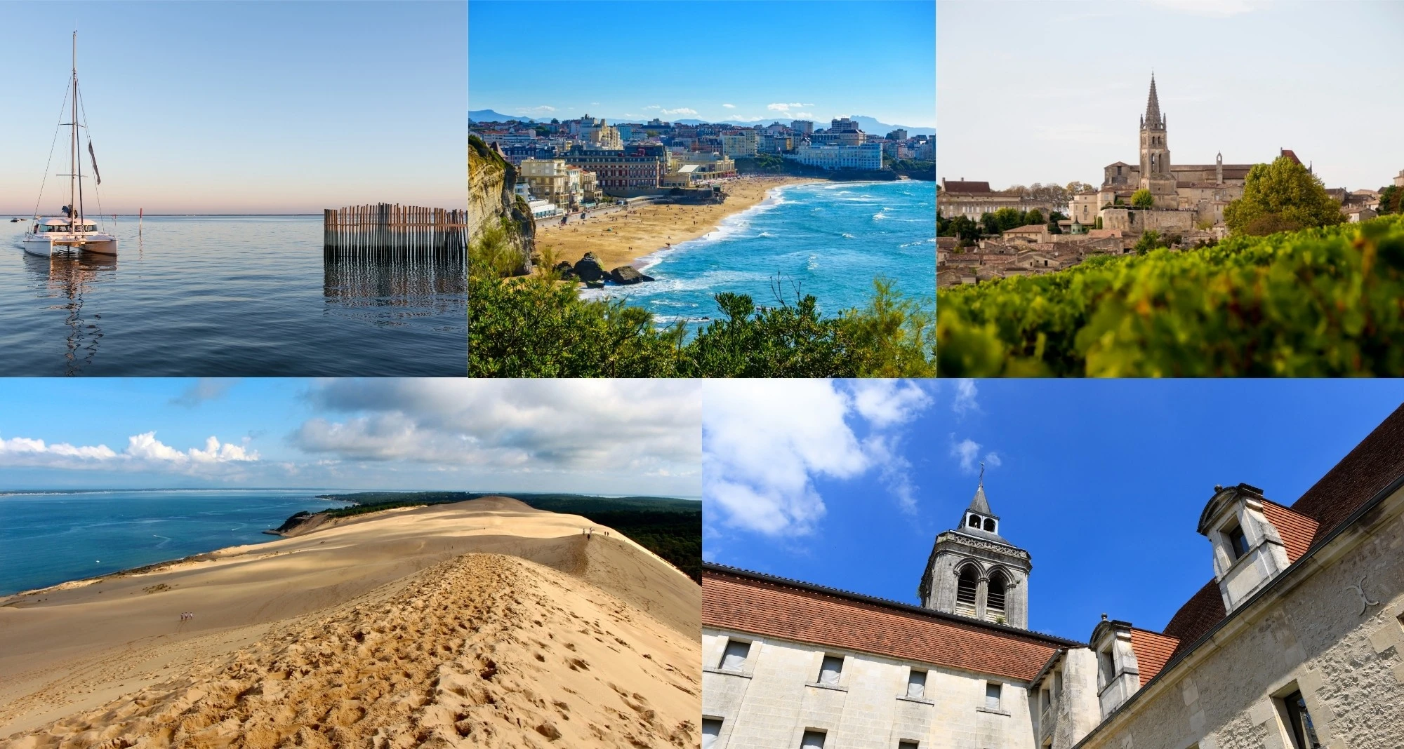 a collage of a beach and a city