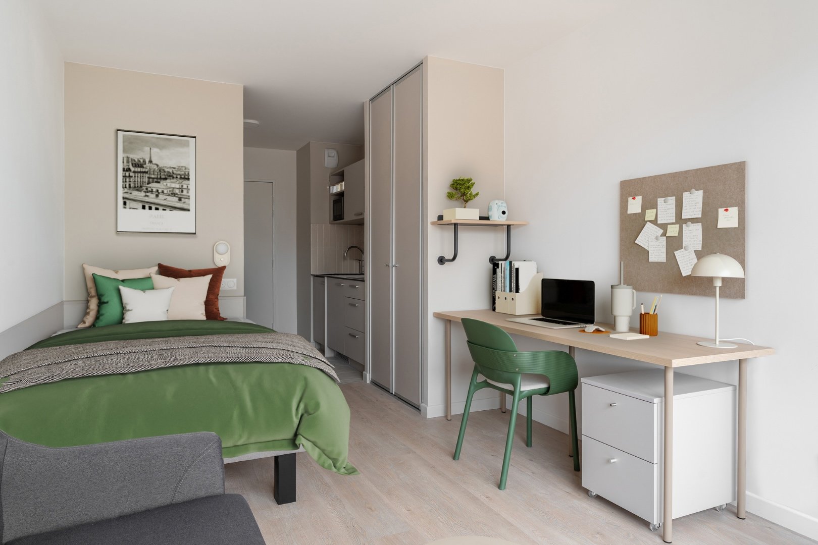 a bedroom with a desk and a bed