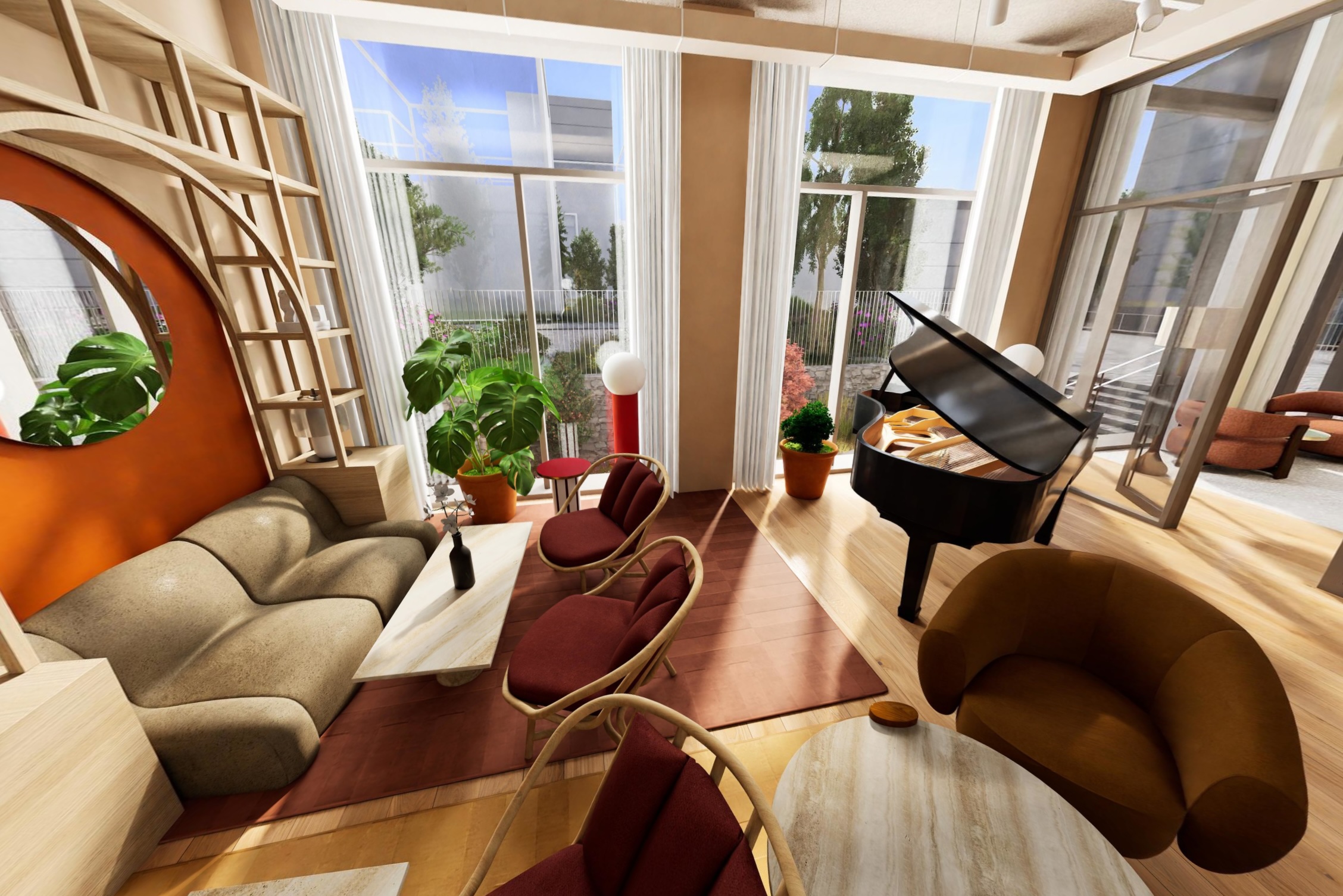 a living room with a piano and chairs