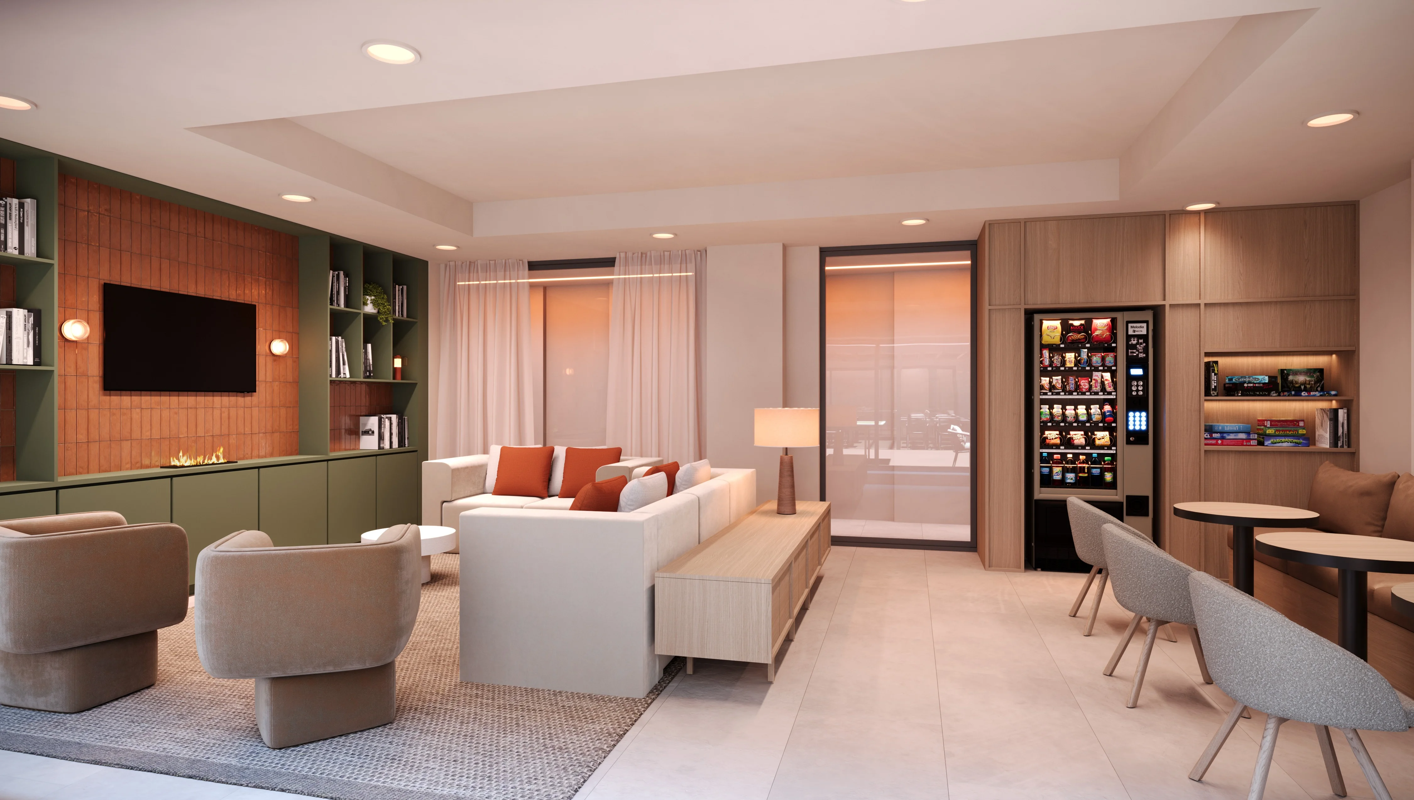 a living room with a couch and a table