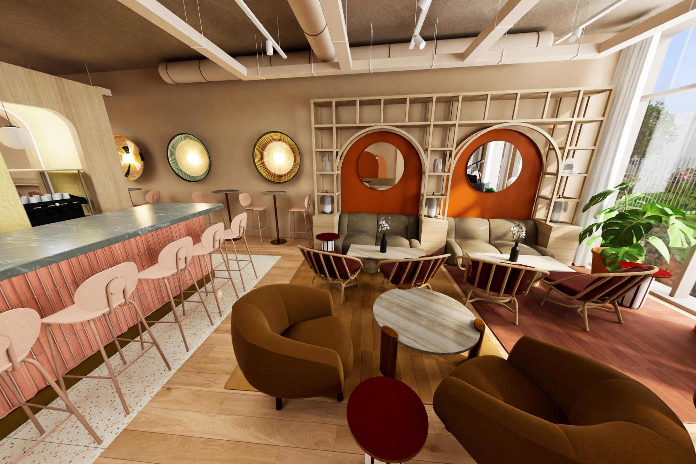 a room with tables and chairs