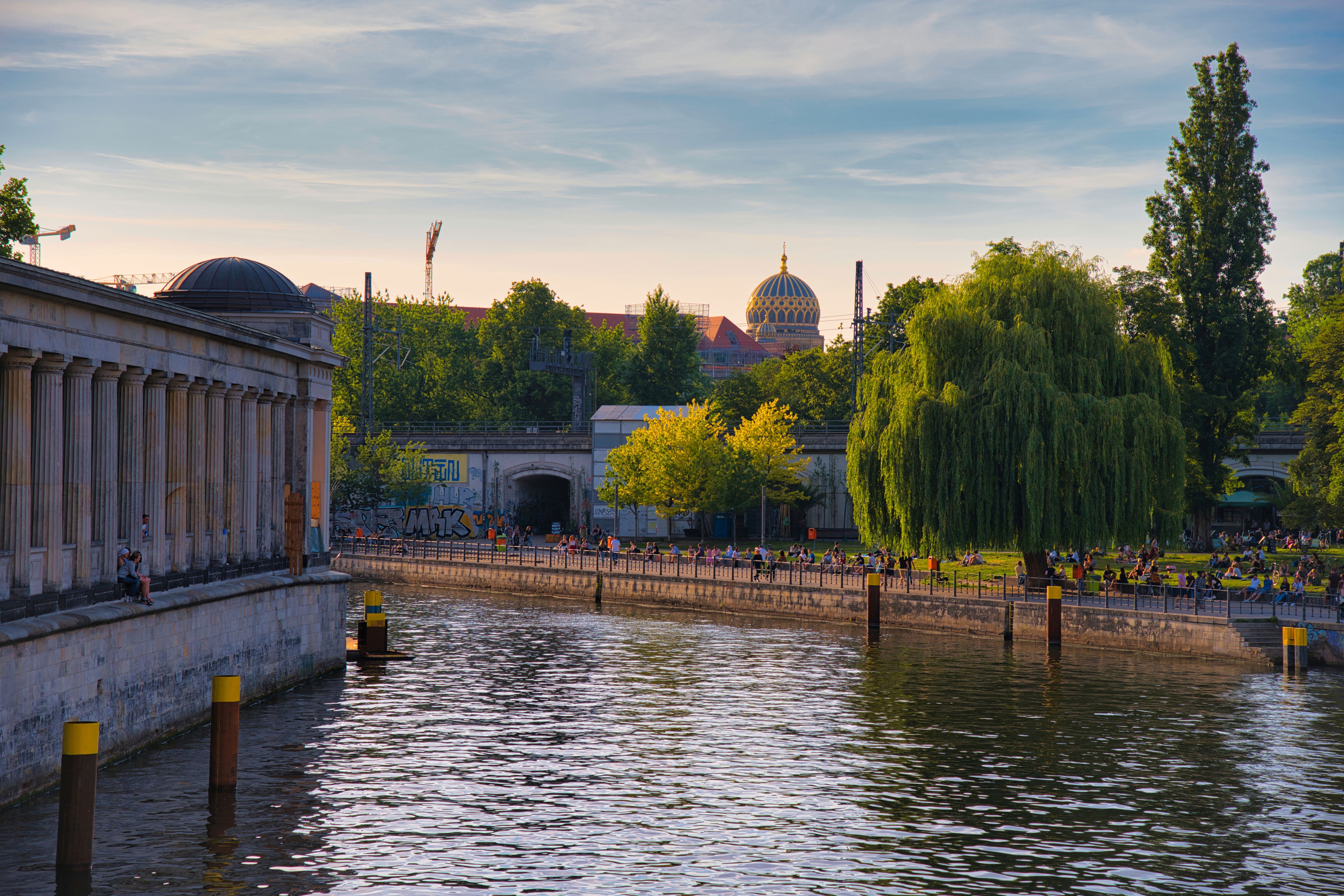 a river with trees and buildings in the background