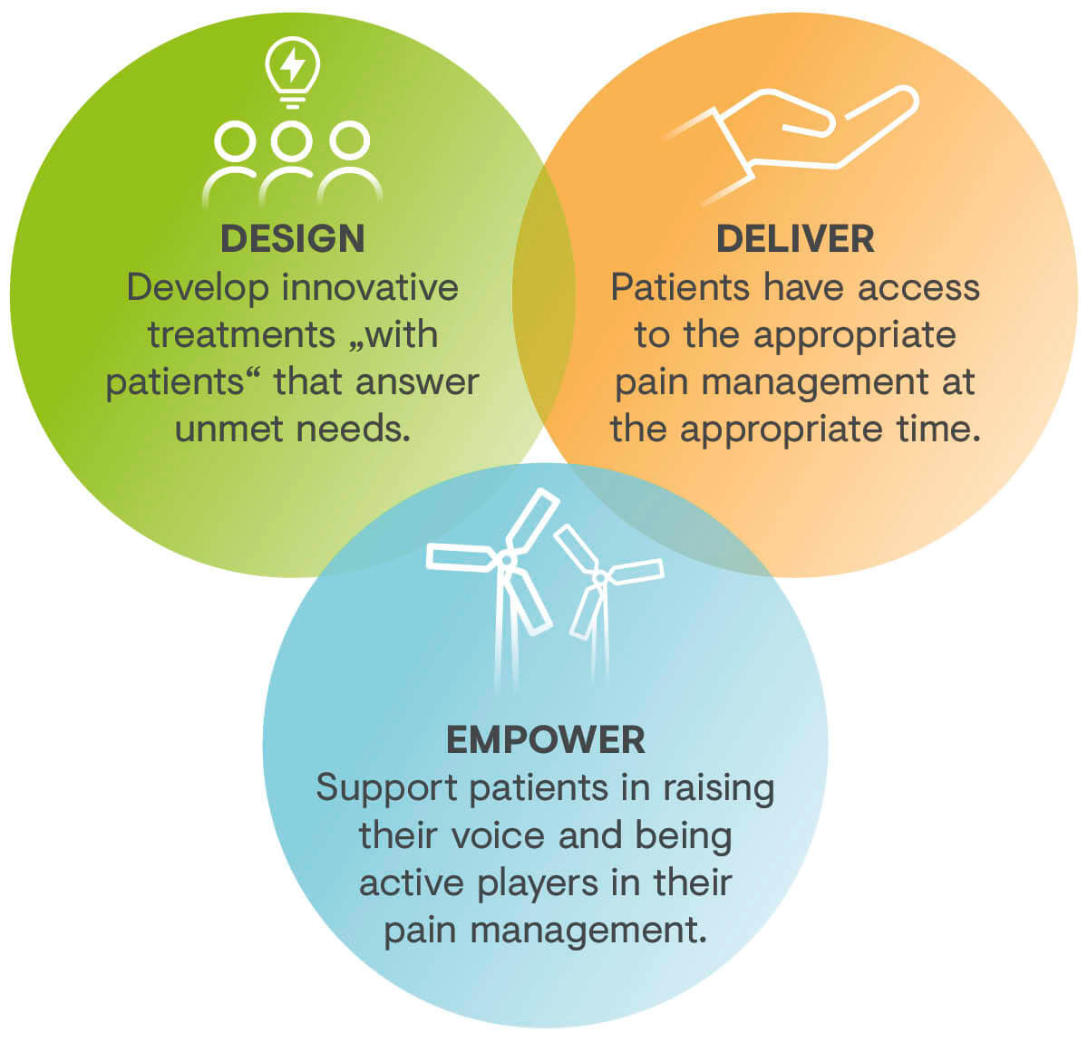 Pillars of Grünenthal`s Patient collaboration strategy: Design -  Co-Develop Innovative Medicines, Deliver - Ensure Patient Access, Empower – Support  the Patient Voice 
