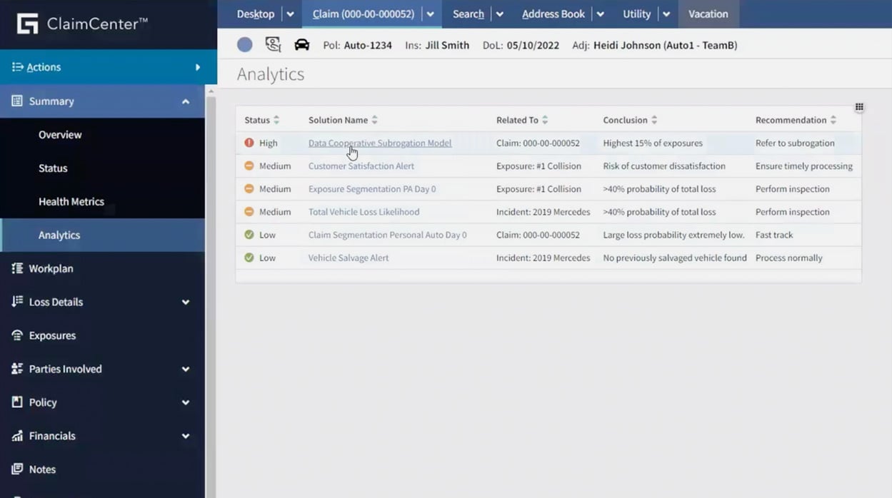 ClaimCenter portal - analytics summary screen