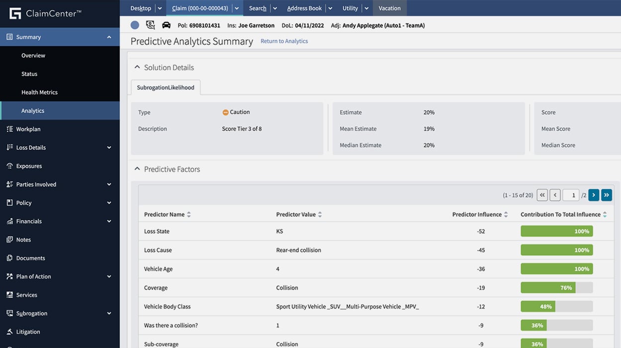 ClaimCenter portal - predictive analytics screen