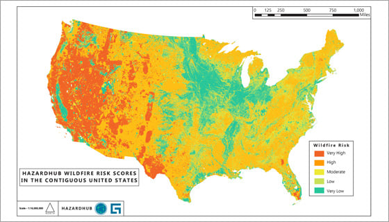 map showing color-coded risk categories for wildfires across the United States