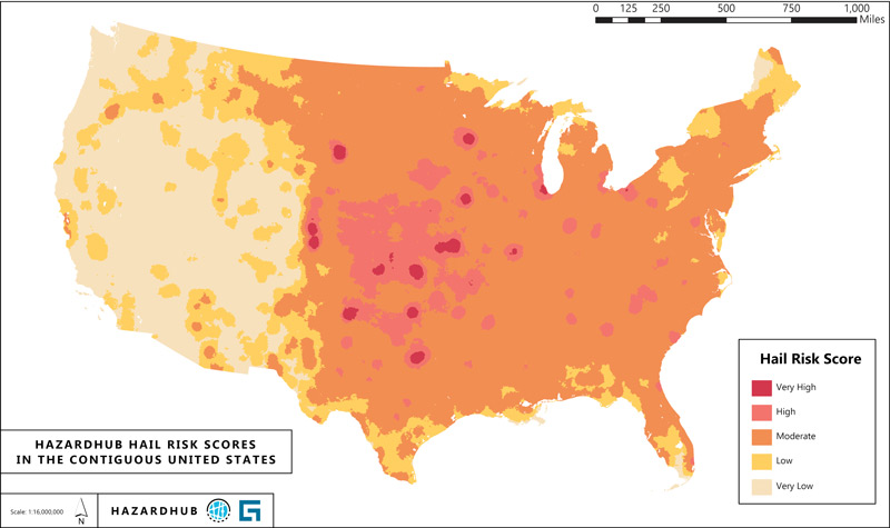 HazardHub hail risk scores map of United States