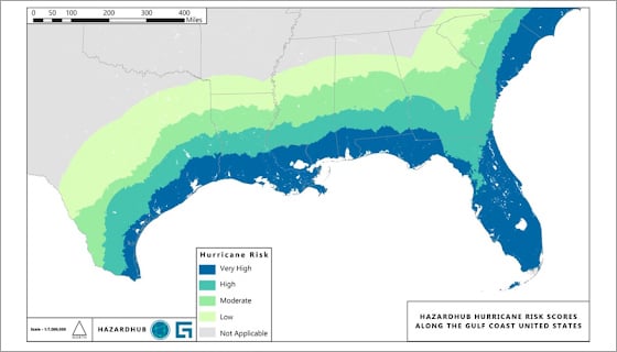 HazardHub map of hurricane risks in southern US states