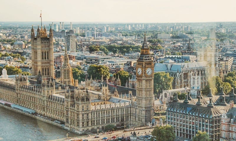 Aerial view of London with Big Ben in the foreground