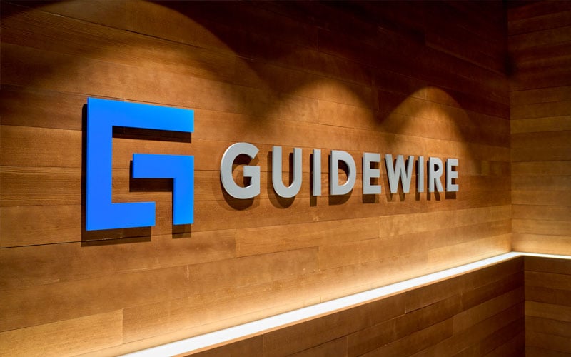 Guidewire sign and logo on lobby wall