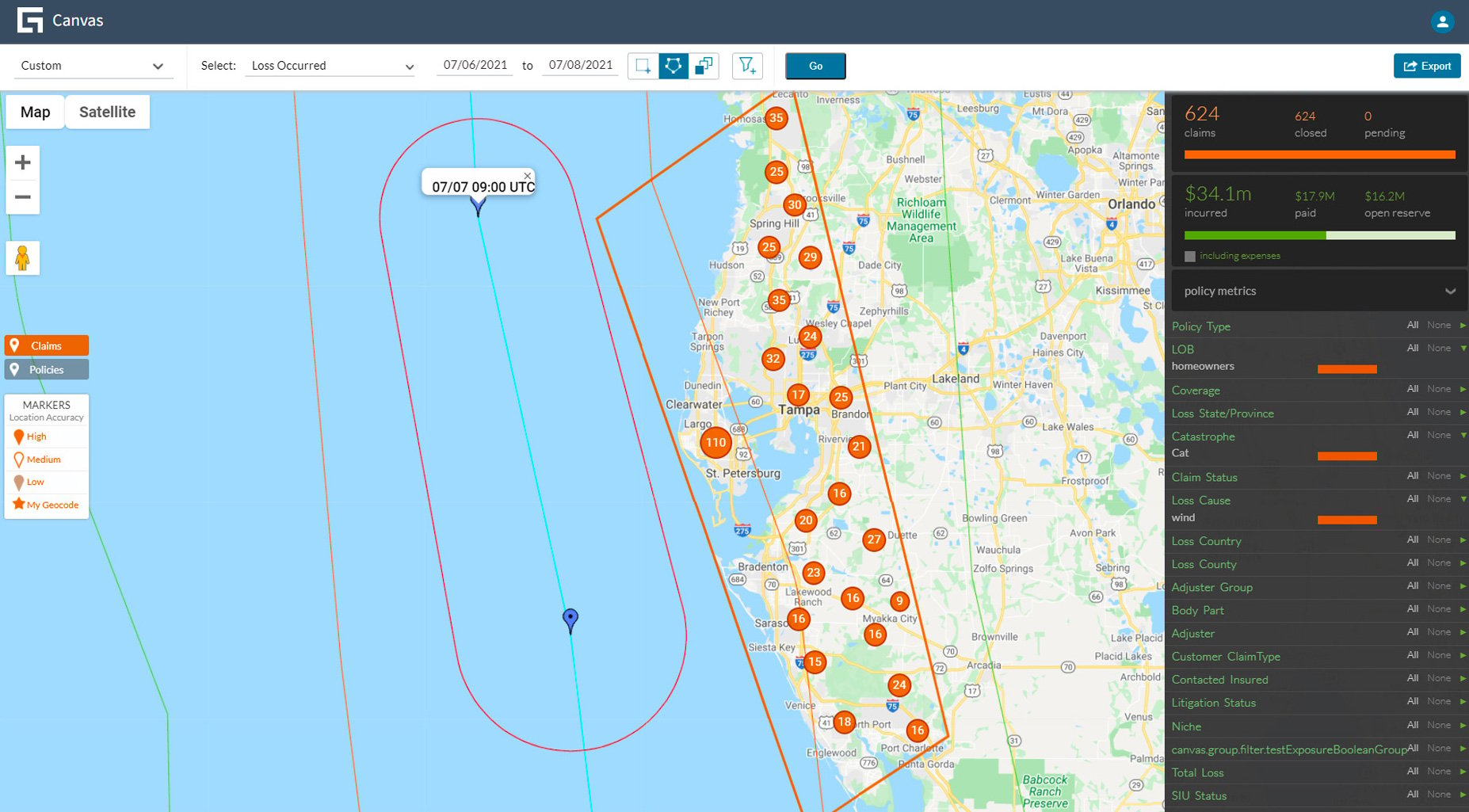 Canvas portal - Catastrophe response view of Tampa, Florida area