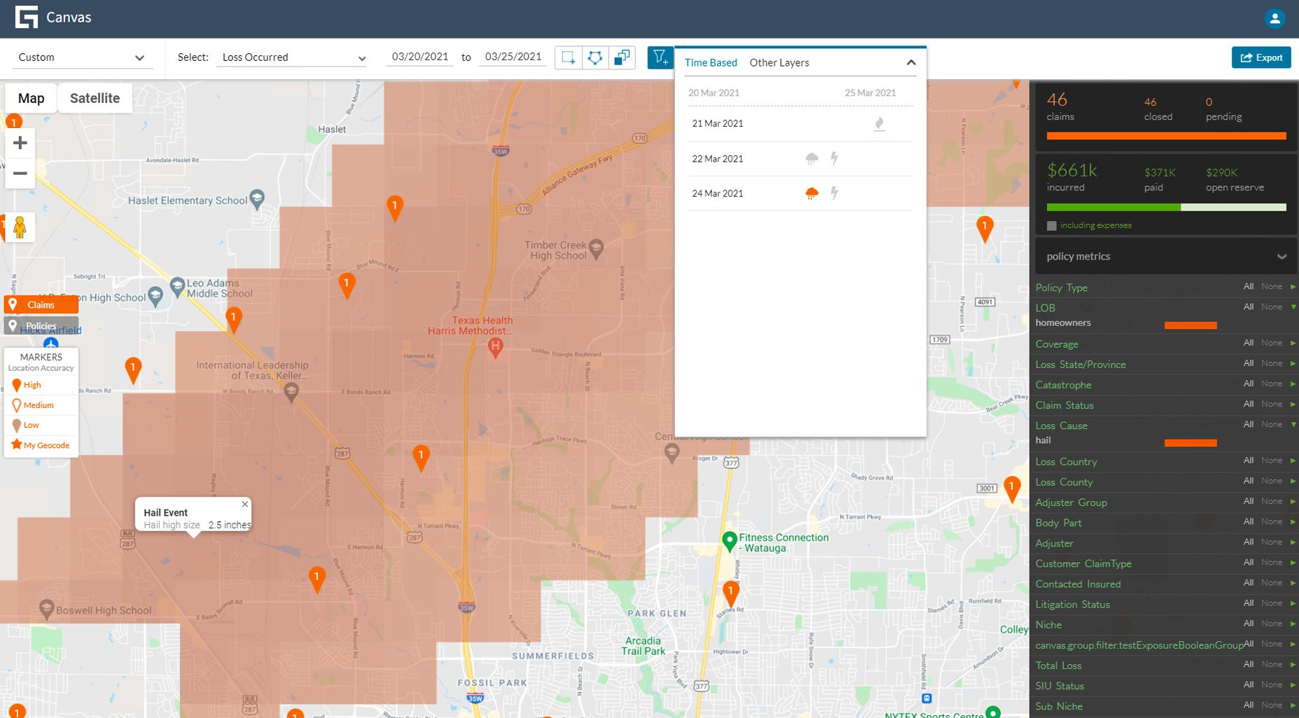 Canvas portal - Triage area showing hail event