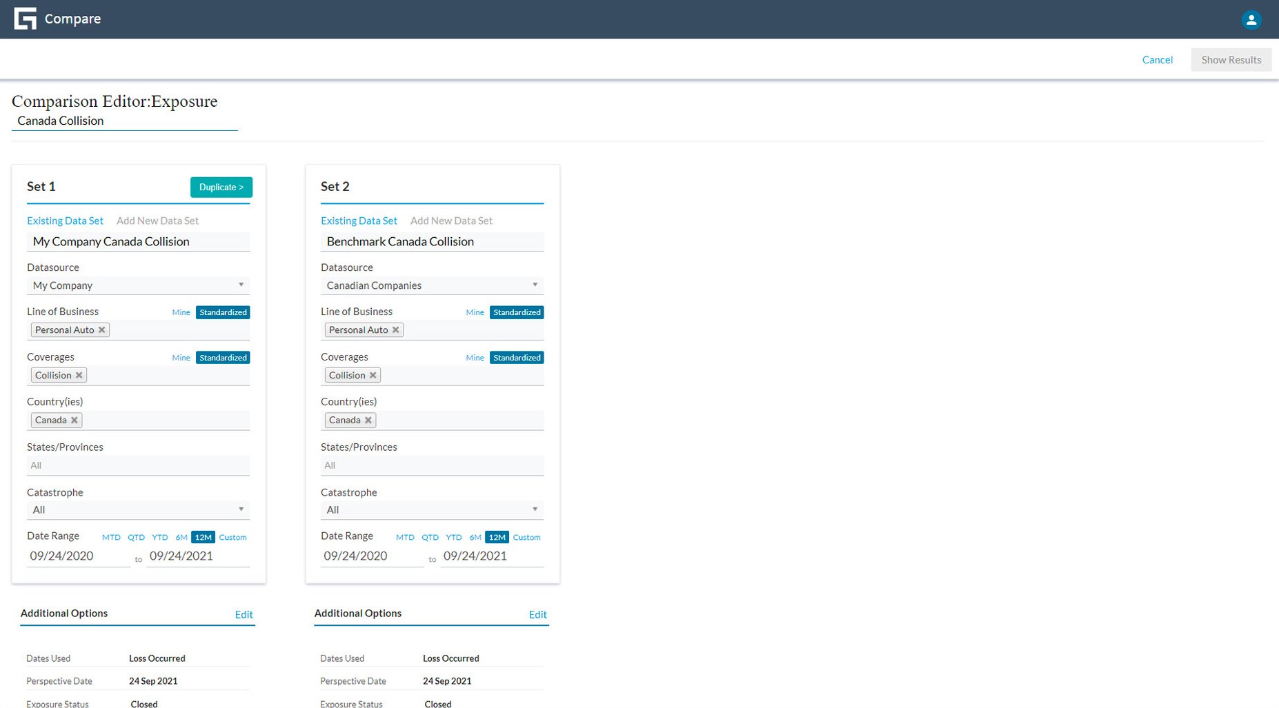 Compare portal - sets of claims data screen