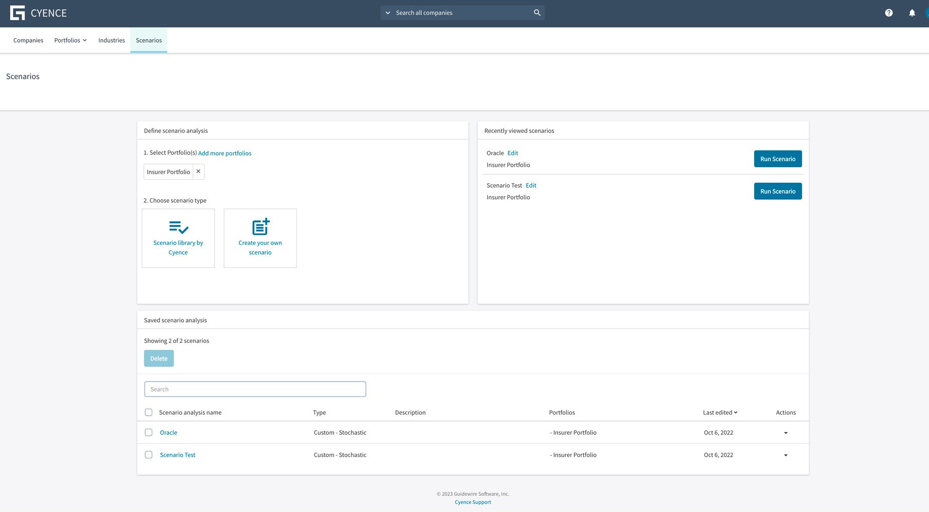 Cyence portal - scenarios screen