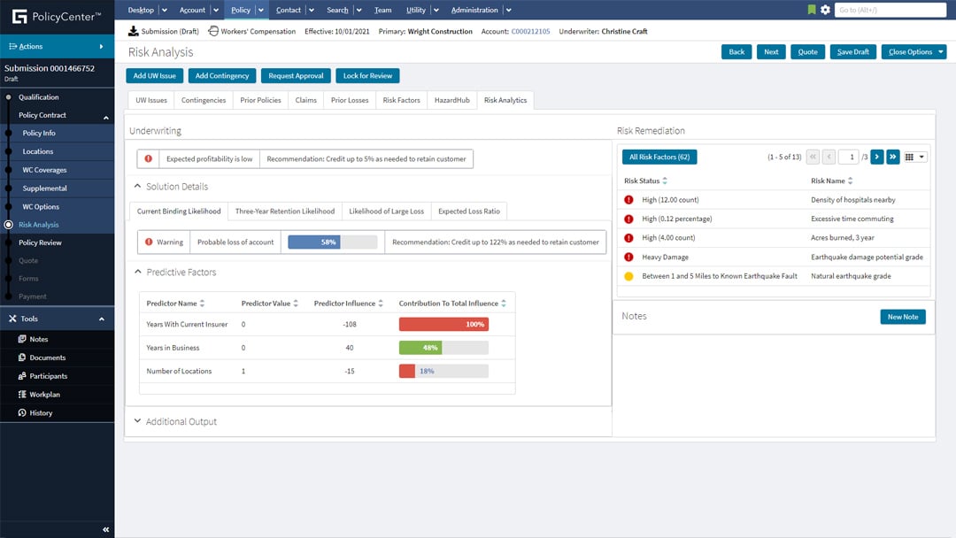 PolicyCenter portal - Risk Analysis screen