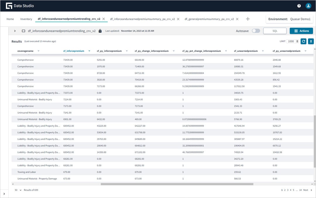 Guidewire Data Studio screen