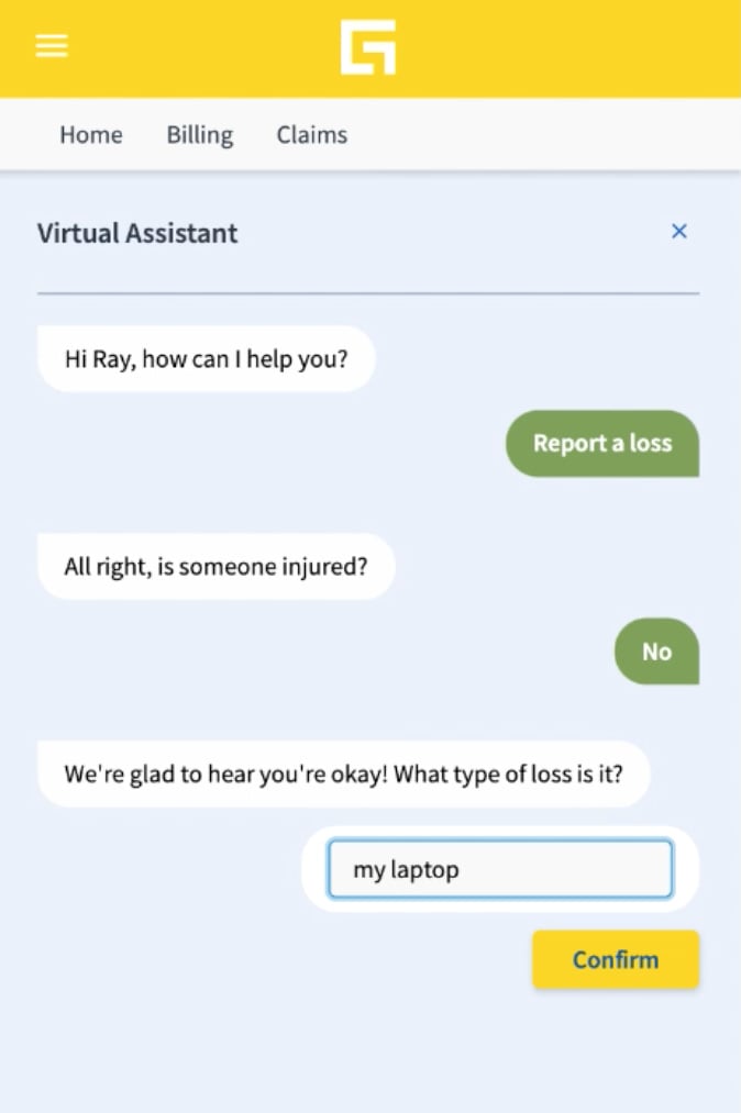 First Notice of Loss virtual assistant screen