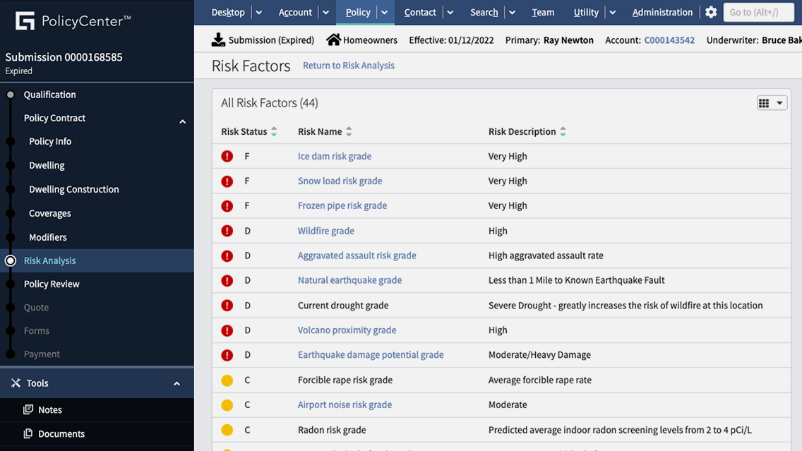 PolicyCenter portal - Risk Factors screen