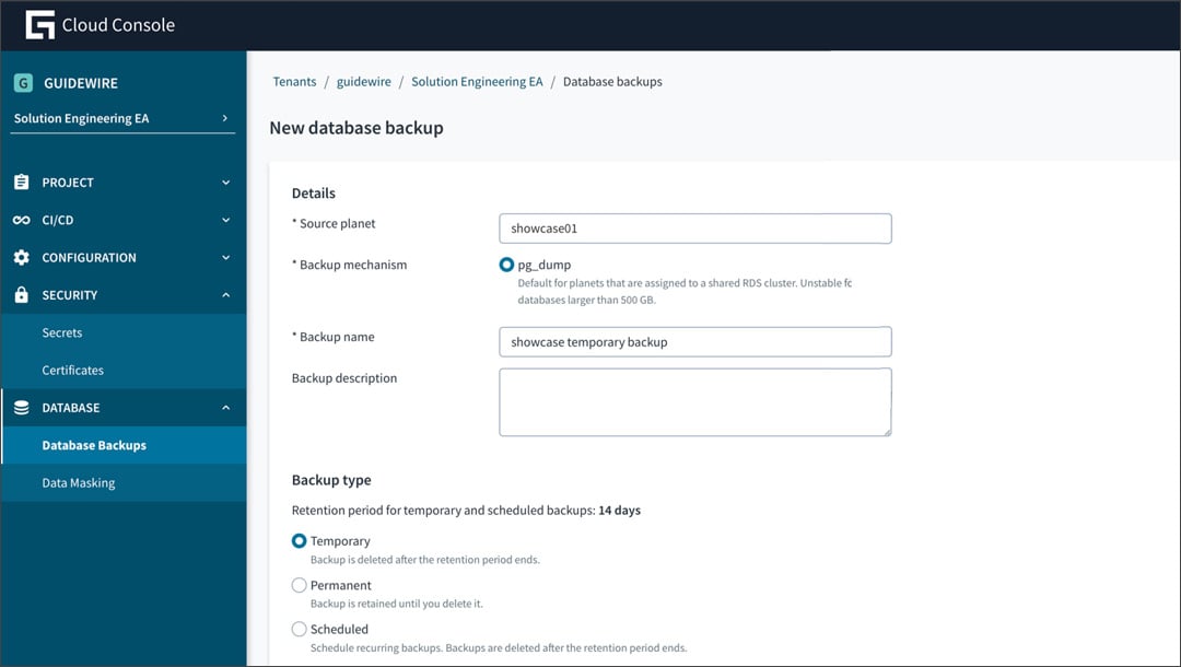 screen - Cloud Console - new database backup