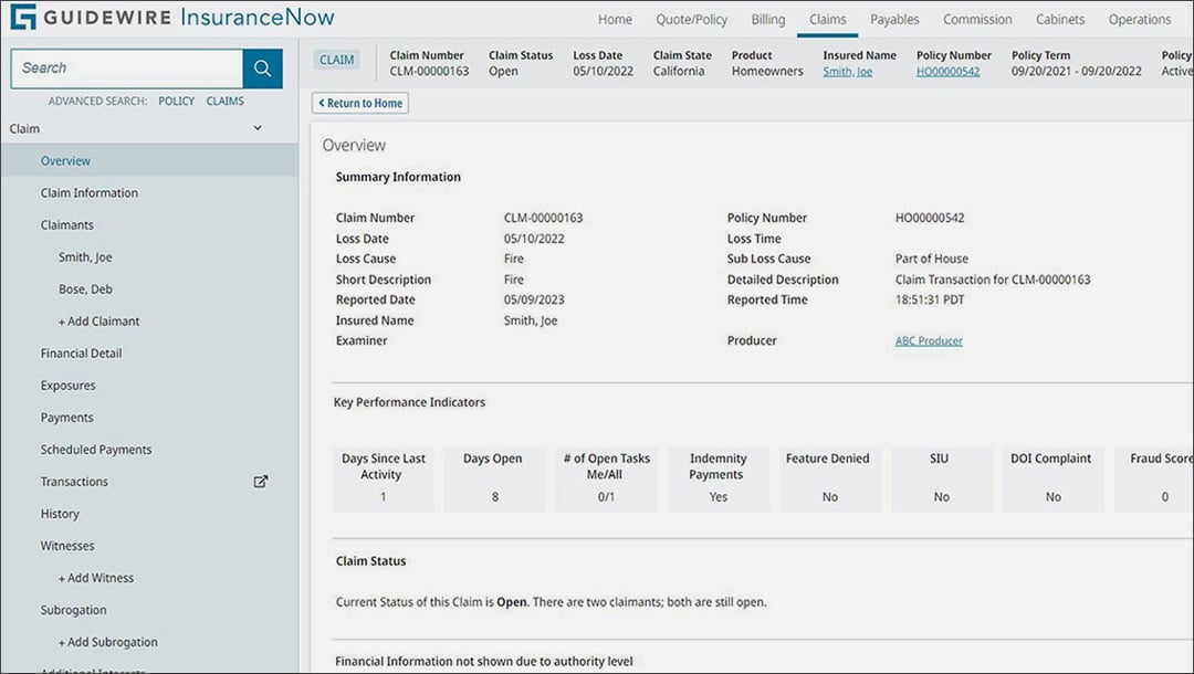 screen - InsuranceNow - claim overview