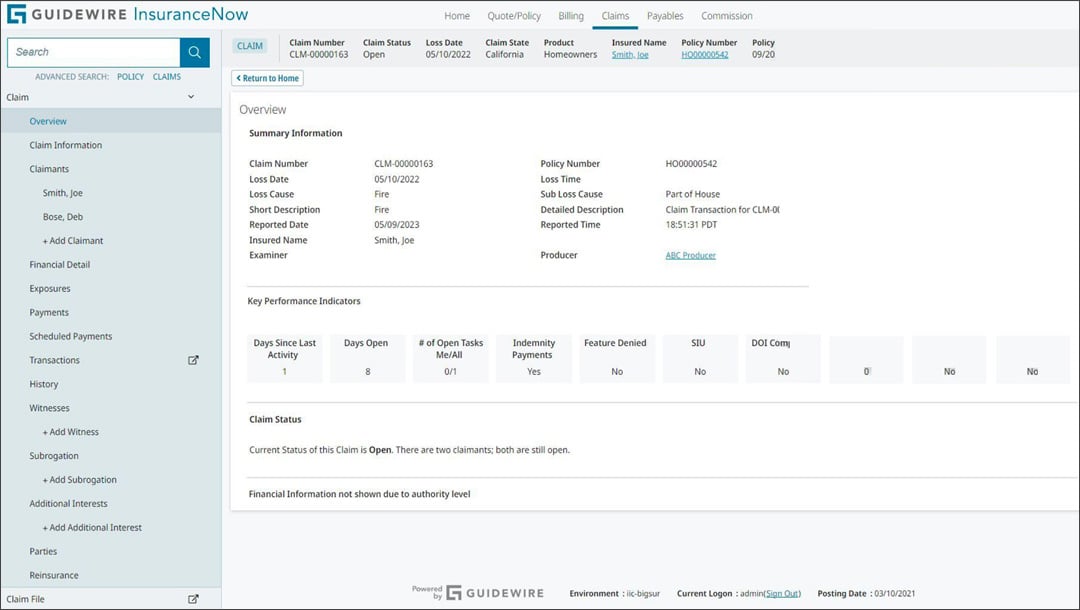 screen - InsuranceNow - claim overview