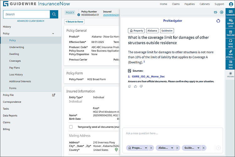 screenshot - InsuranceNow screen with ProNavigator agent