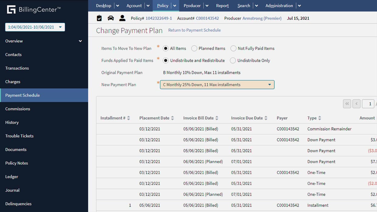 BillingCenter portal - change payment plan screen