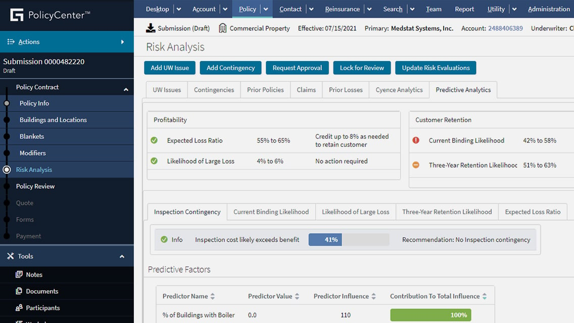 PolicyCenter portal - Risk Analysis screen