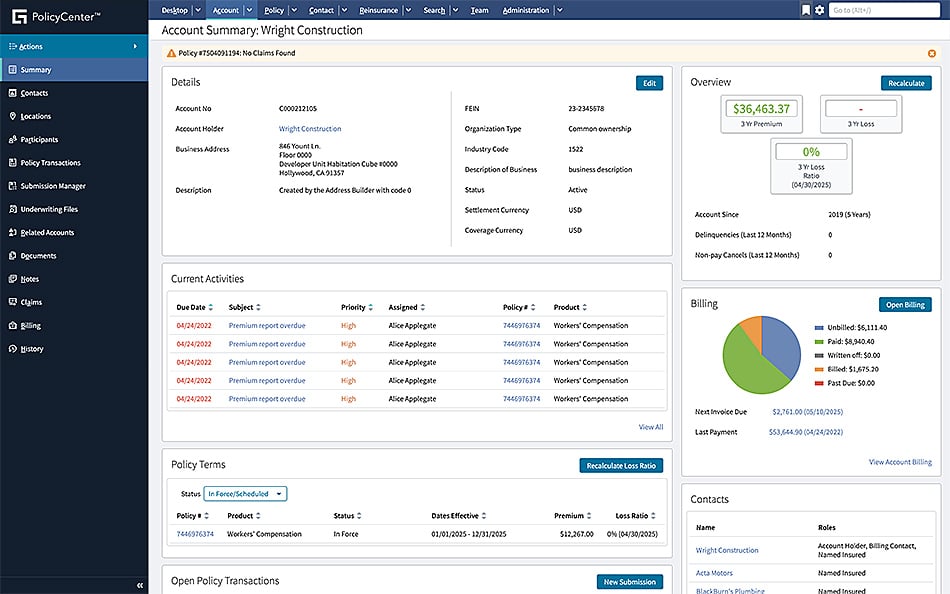 PolicyCenter screen - Account Summary: Wright Construction